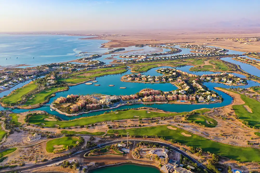 aerial view of el gouna showing the lagoons and golf course