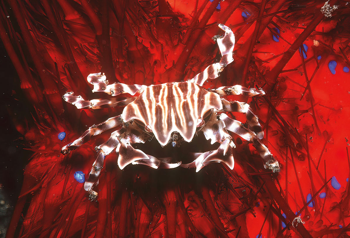 Stripped zebra crab on red sea urchin