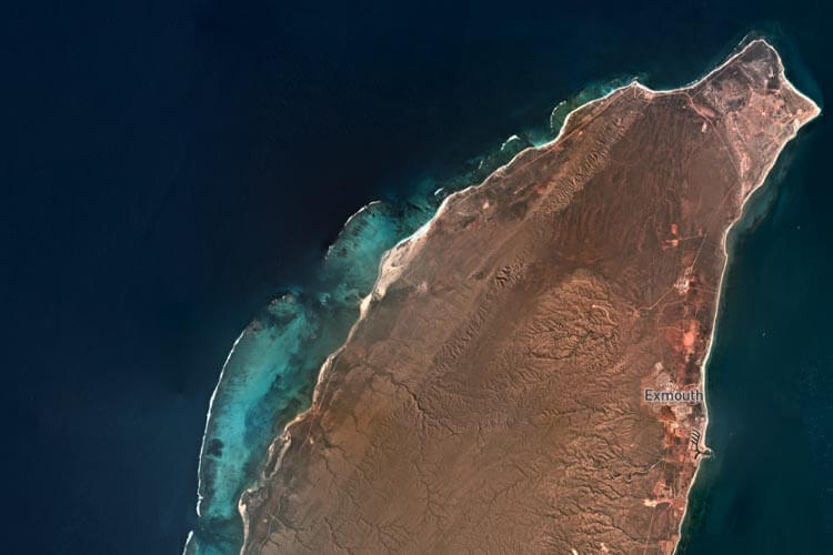 A satellite photo from the Allen Coral Atlas showing a shallow coral reef off Exmouth, Western Australia