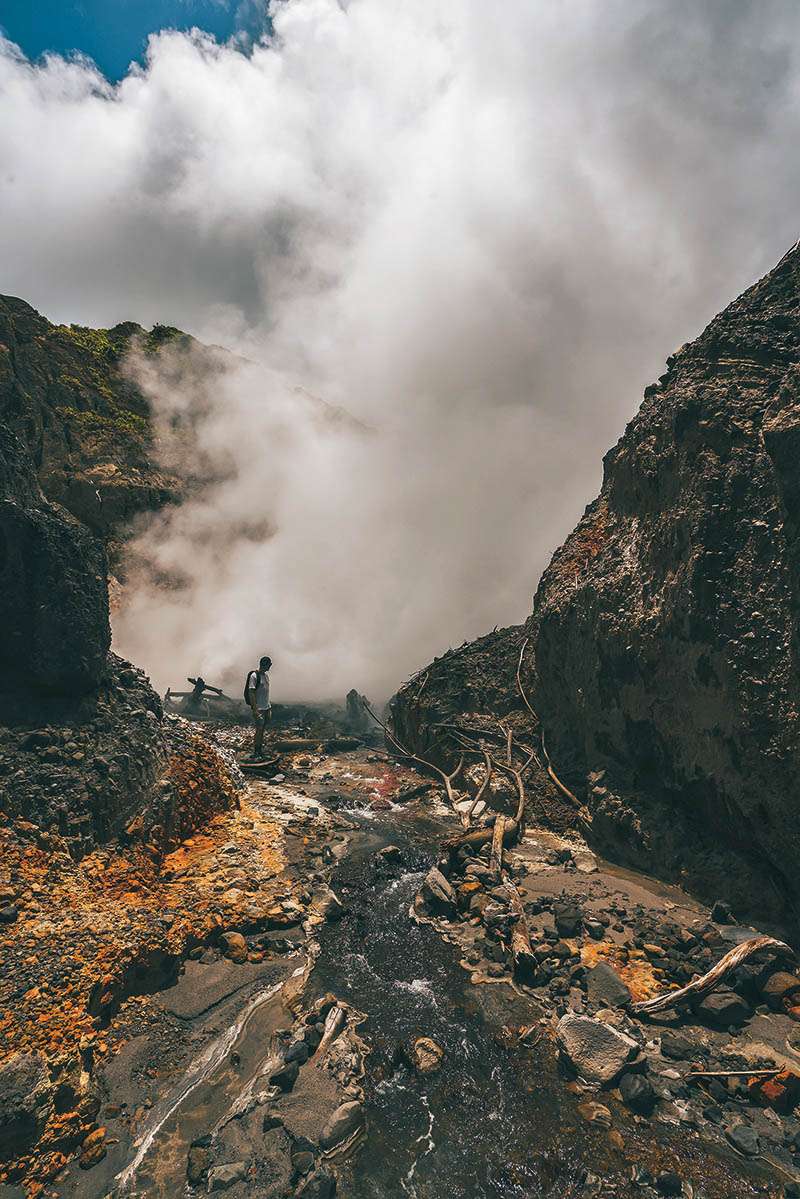 Climbing into the  caldera of an active volcano