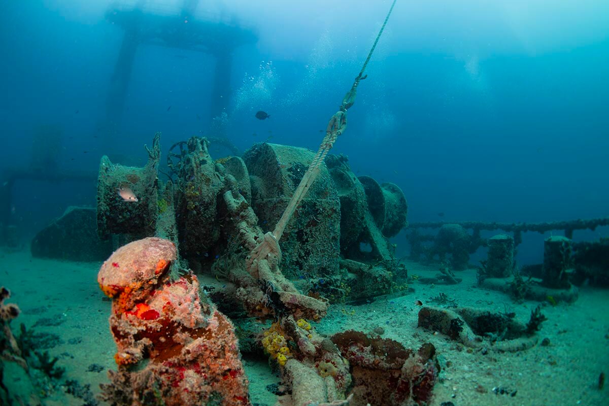 anchor winch on the deck of a florida keys wreck