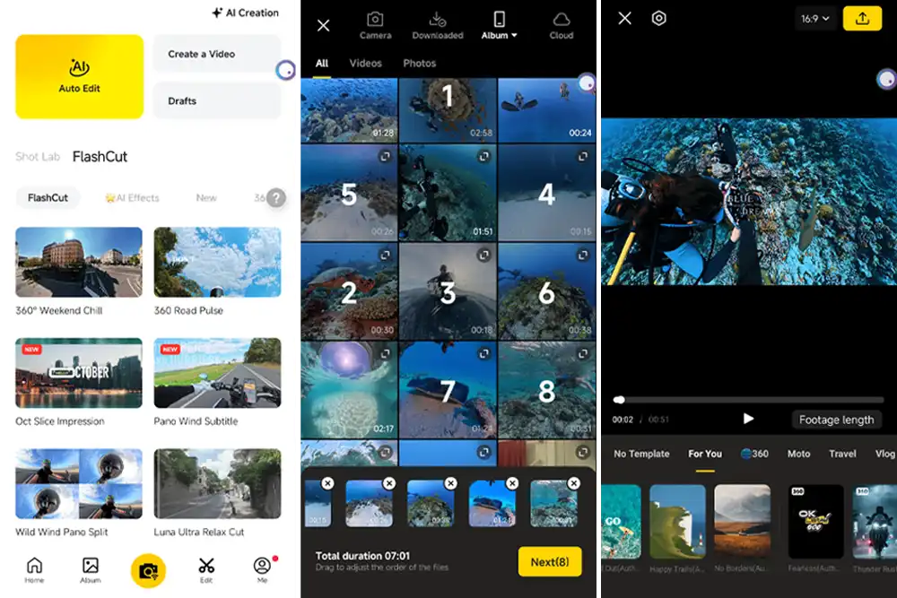 Insta360 app screens showing Auto Edit templates, underwater clip selection and video editing