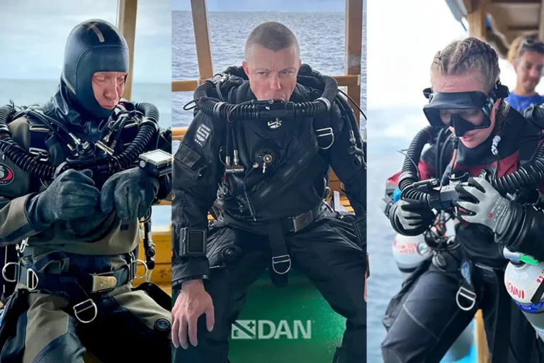 Finnish rescue divers Patrik Grönqvist Sami Paakkarinen Jenni Westerlund preparing to dive