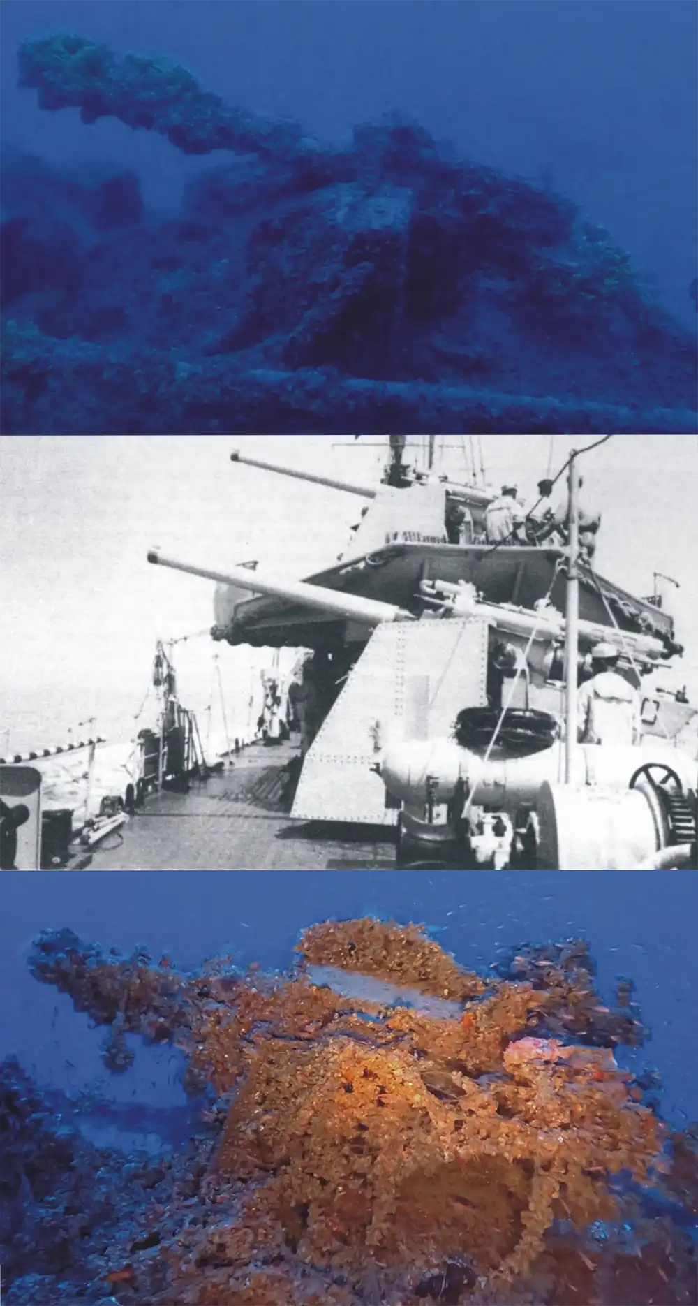 photograph showing Aldebaran's guns in a photograph from 1941 and today as they are seen on the wreck