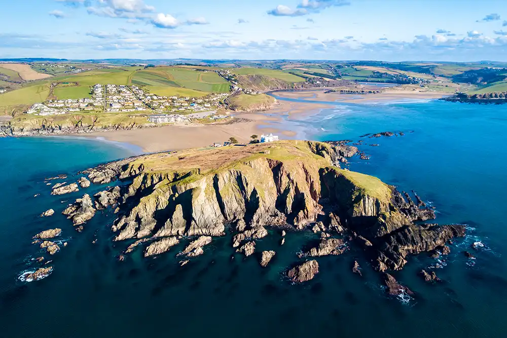 overlooking burgh island and the coastal town of bigbury on sea