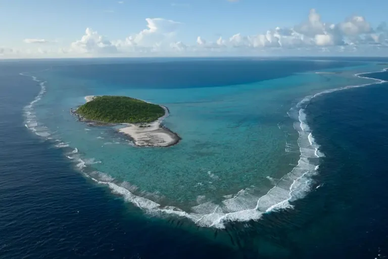 aerial view of bikar atoll and bikar island coral reefs