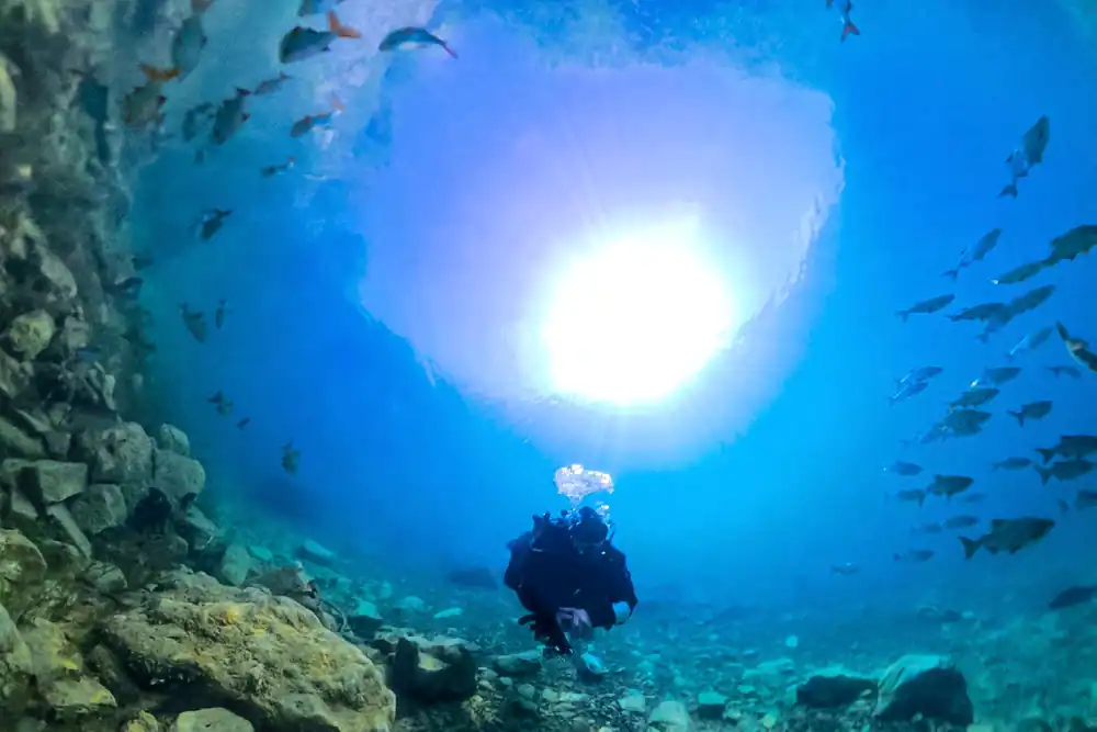 Scuba diver beneath the surface at Capernwray Diving Centre