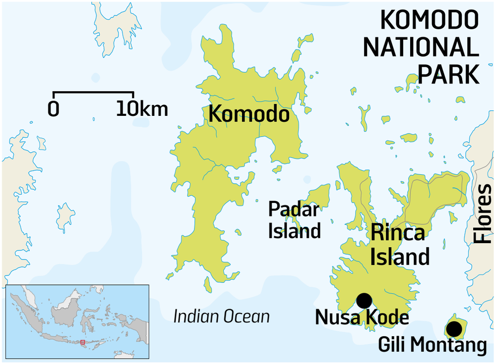 Map of Komodo National Park showing Komodo, Padar, Rinca, Nusa Kode, Gili Montang and Flores