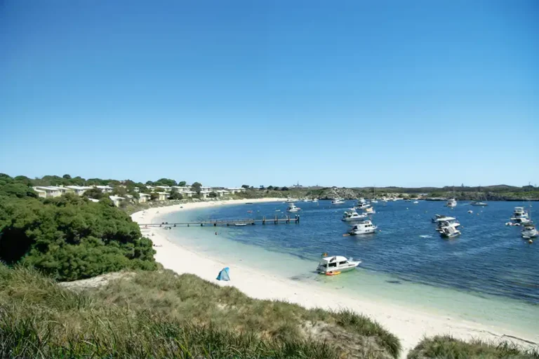 aerial view of beach boats in Geordie Bay, Rottnest island