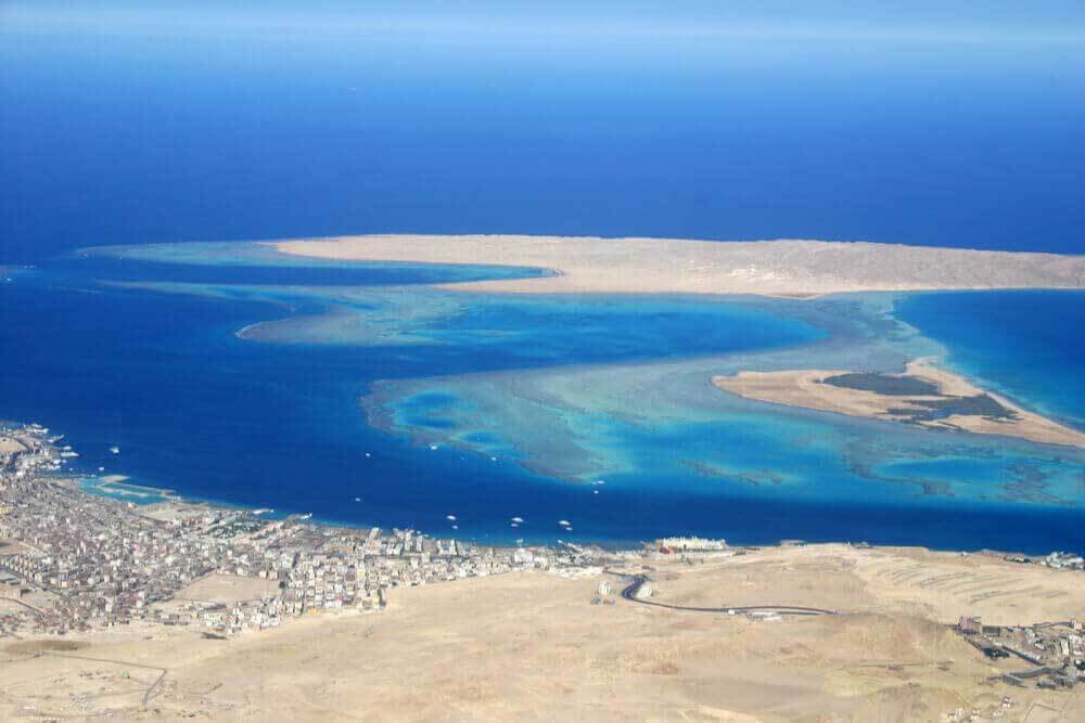 Looking out to Giftun Island with Hurghada in the foreground 