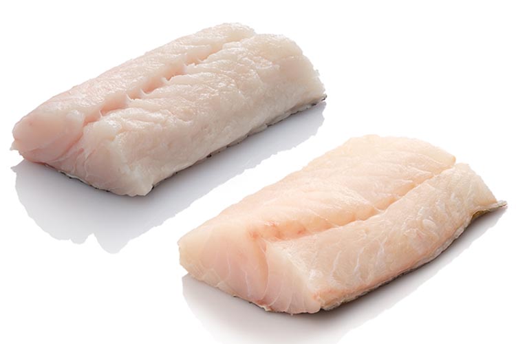 a hake fillet and a cod fillet pictured side-by-side