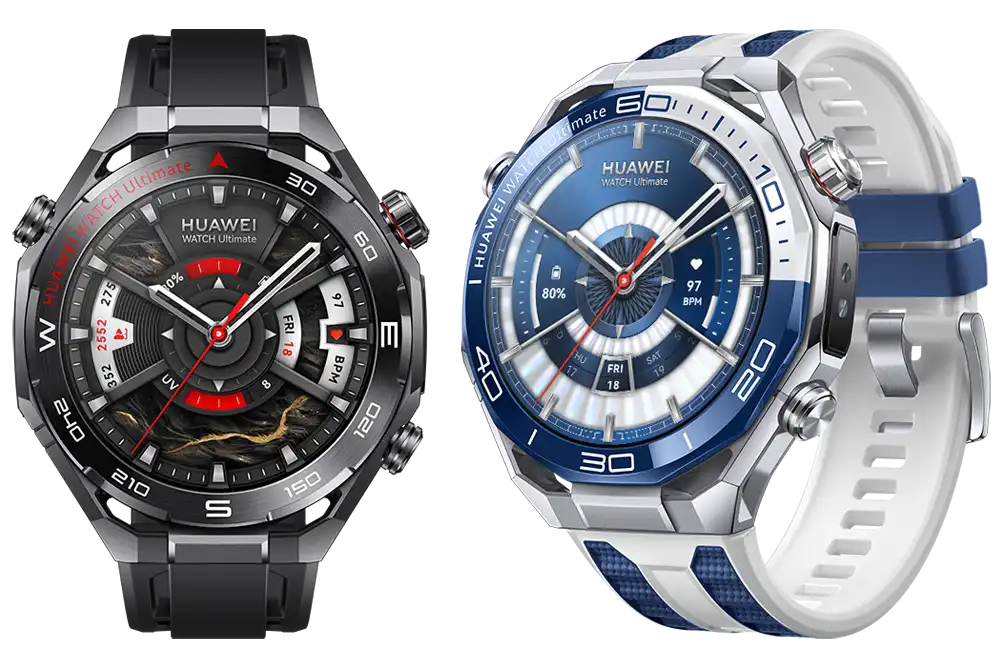 a picture of the black and blue versions of the new Huawei Watch Ultimate 2 smartwatch and dive computer