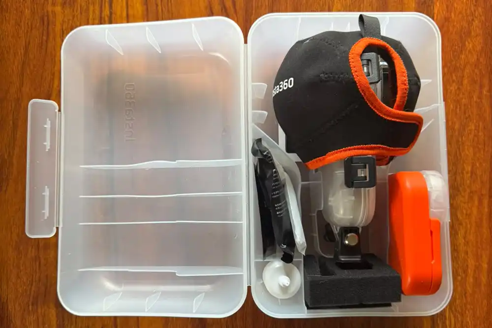 Insta360 X6 underwater housing and accessories packed in a protective dive box