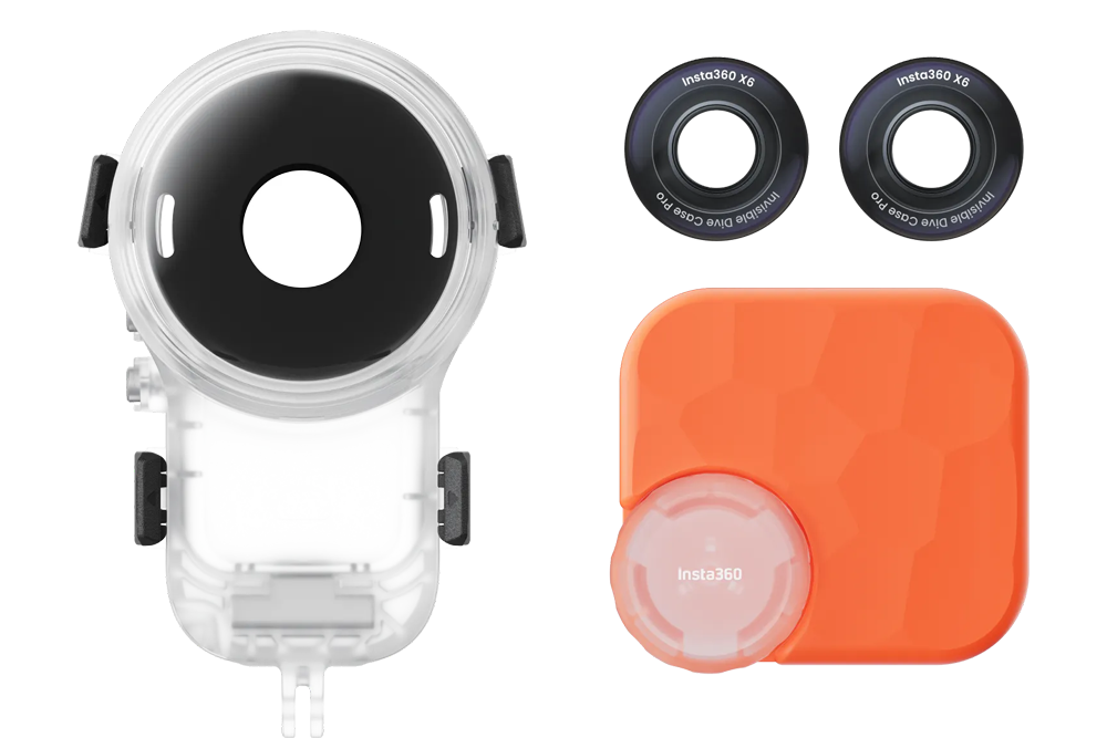 Insta360 X6 Invisible Dive Case Pro with two underwater lenses, orange storage case and lens tool