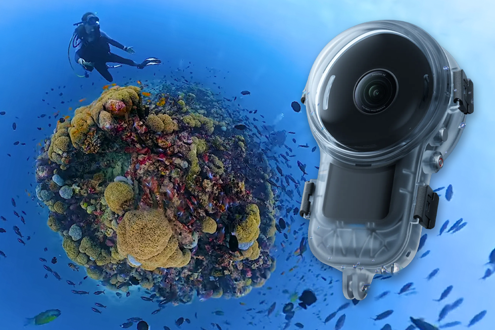 Jenny Stock above a coral reef in a Tiny Planet image, alongside an Insta360 X6 in its dive housing