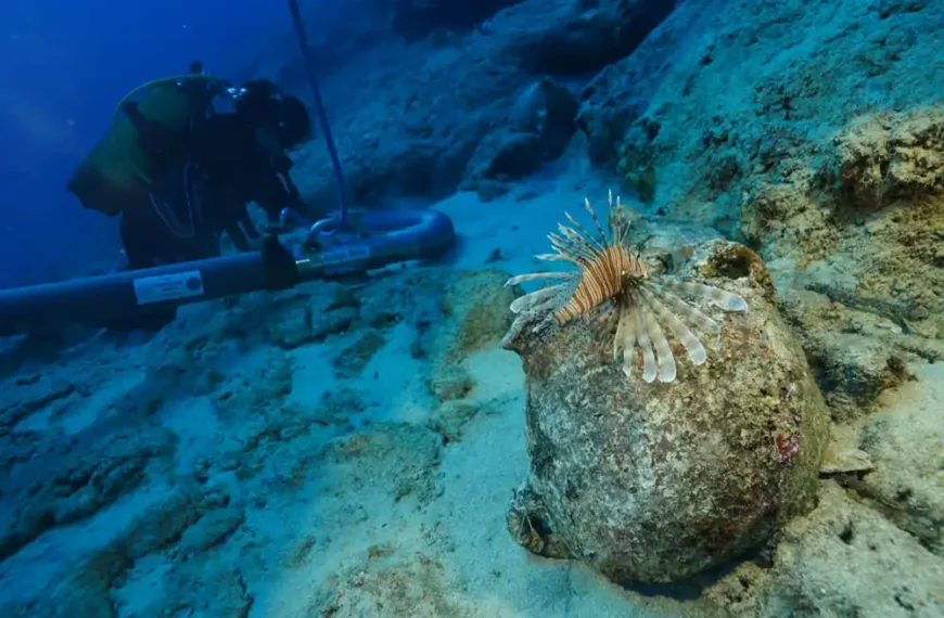 a diver inspecting an ancient shipwreck with an amphora in the foreground