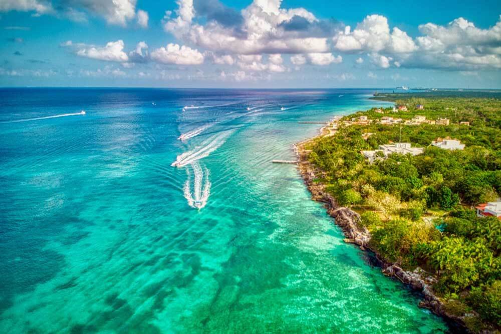 aerial shot overlooking Cozumel's coral reefs