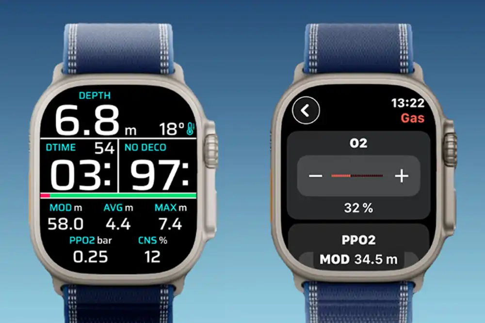 apple watch ultra with a screen displaying scuba diving data from the mares dive app