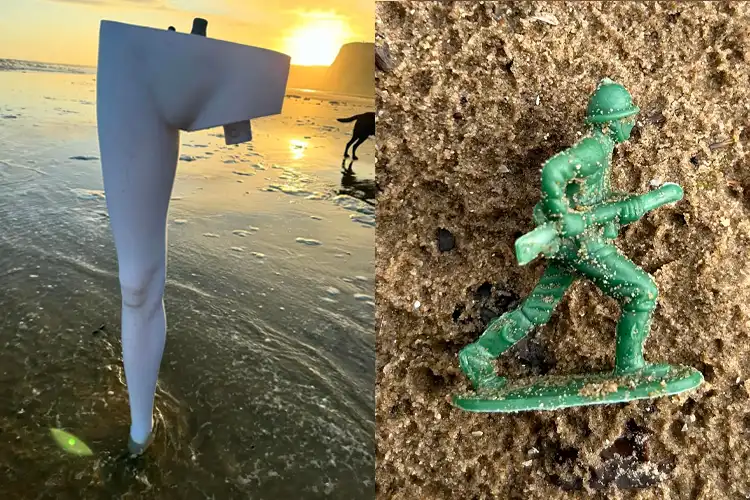 a picture of a mannequin's leg and a plastic toy soldier found on UK beaches