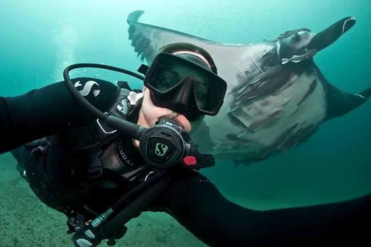mmf andrea marshall takes a selfie with a giant oceancic manta ray