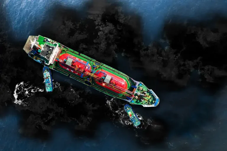 a ship is stranded in the open ocean spilling oil