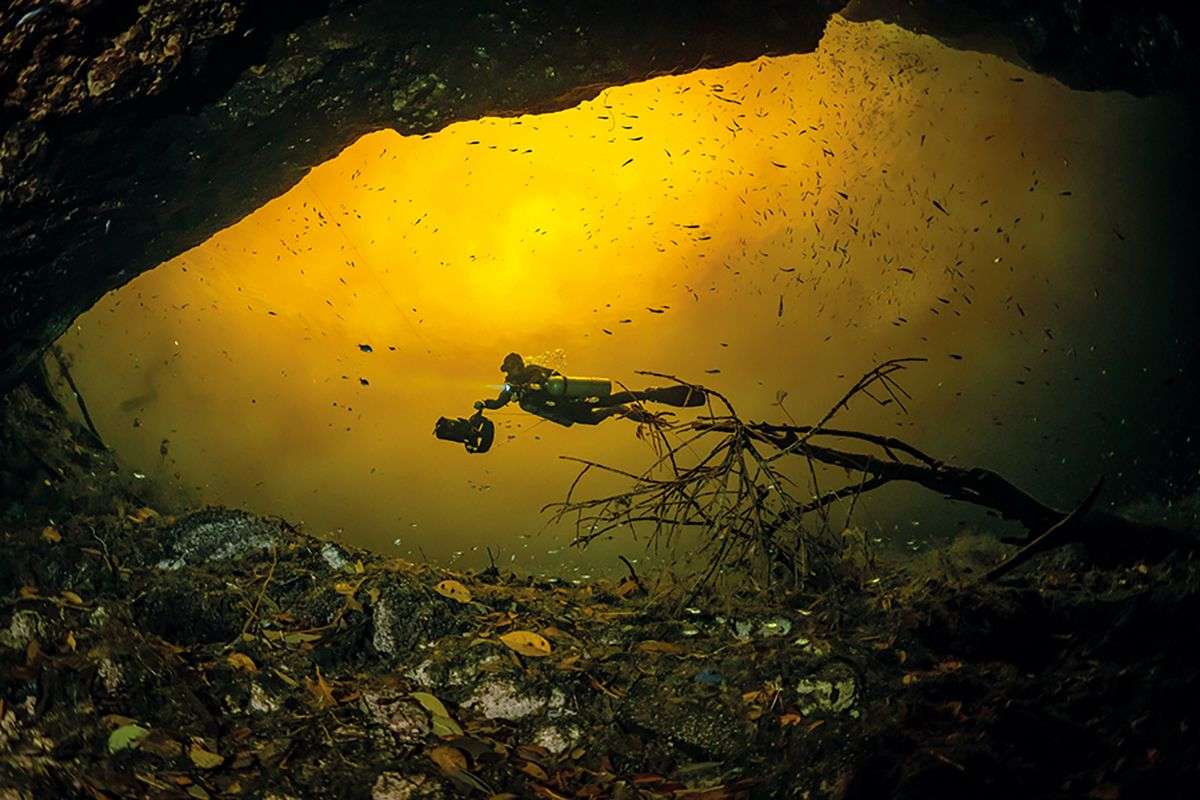 A diver and dpv going through the yellow Cenote Aktun-Ha