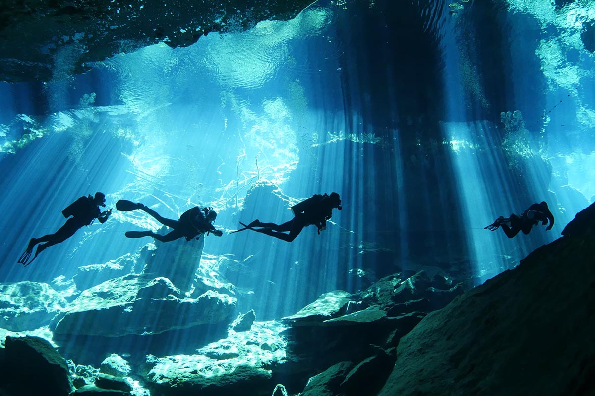 Three divers and a guide swimming through one of the cenotes in Mexico