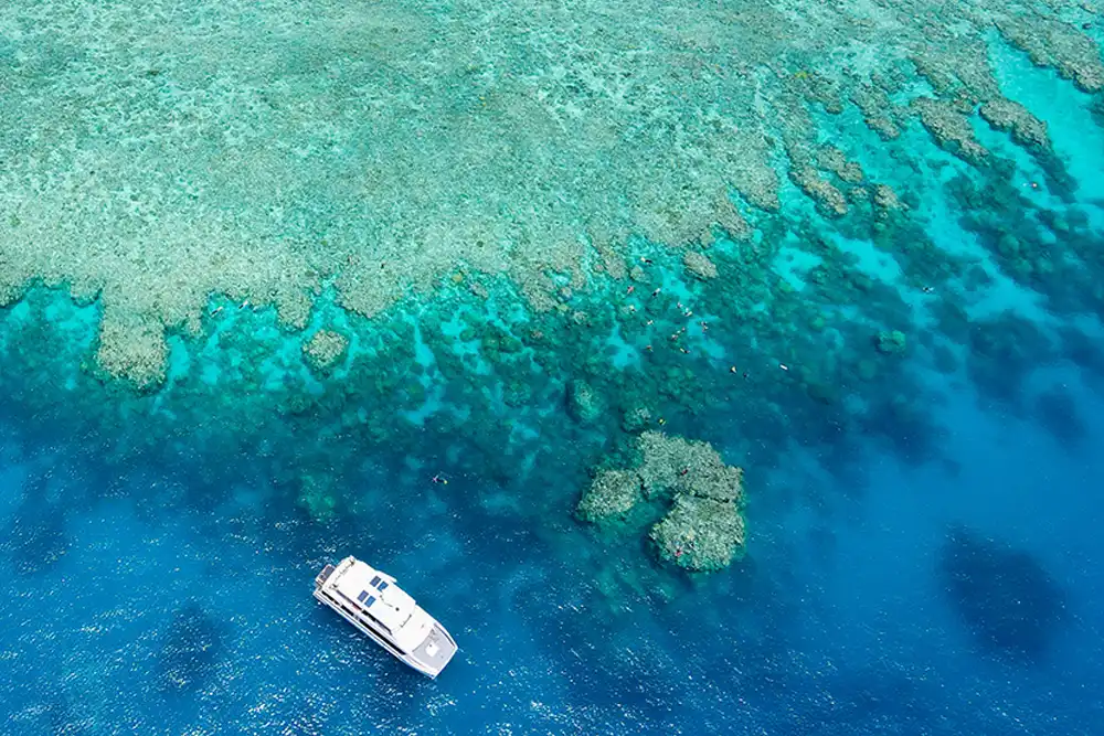 Aerial view of a large boat and snorkellers visiting the clear blue sea near a reef in the Great Barrier Reef