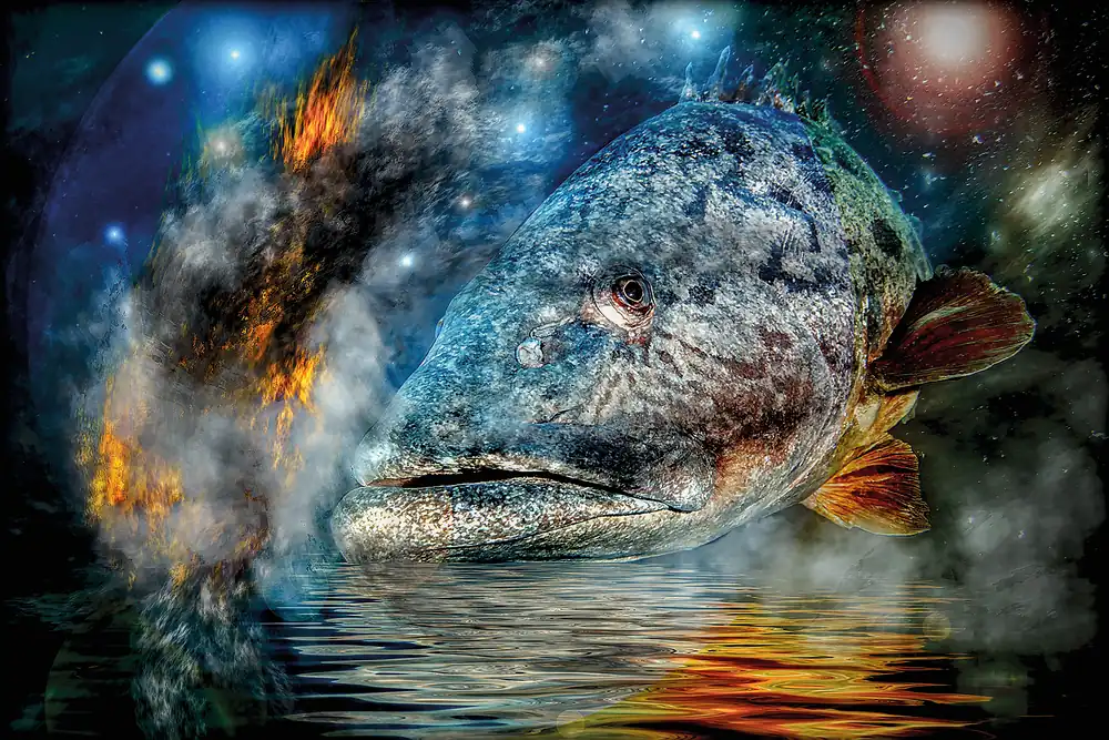 Artistic collage of a giant grouper and a star-filled universe