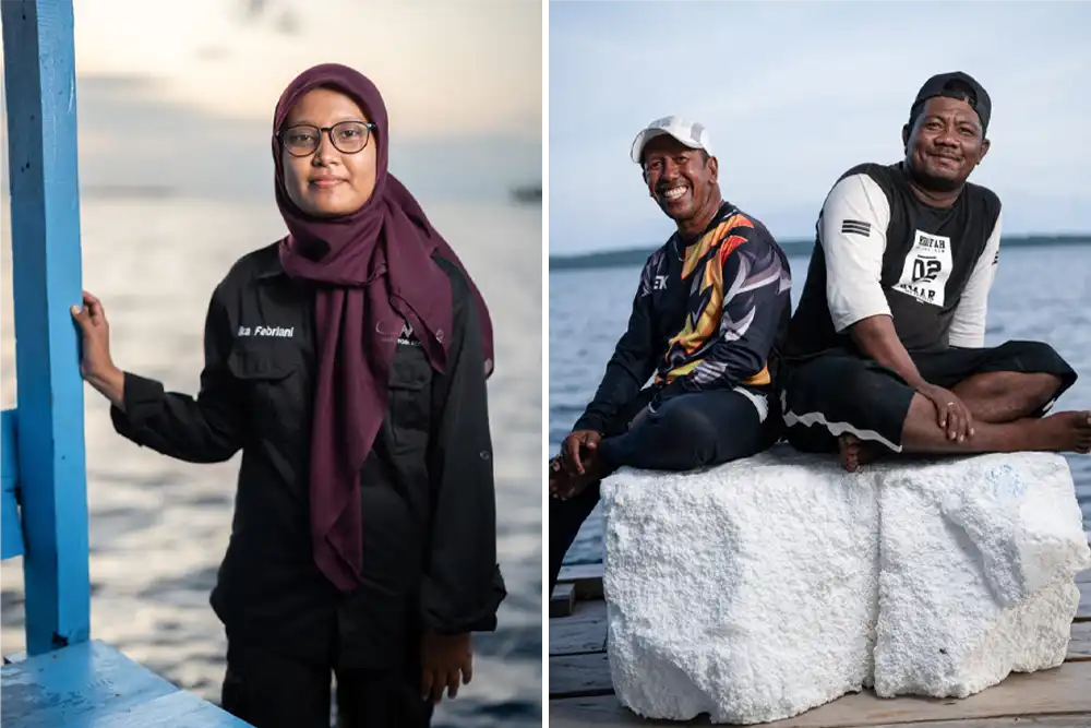 Wakatobi reef patrol staff Ika, Maksur and Kasni at the Conchita patrol post