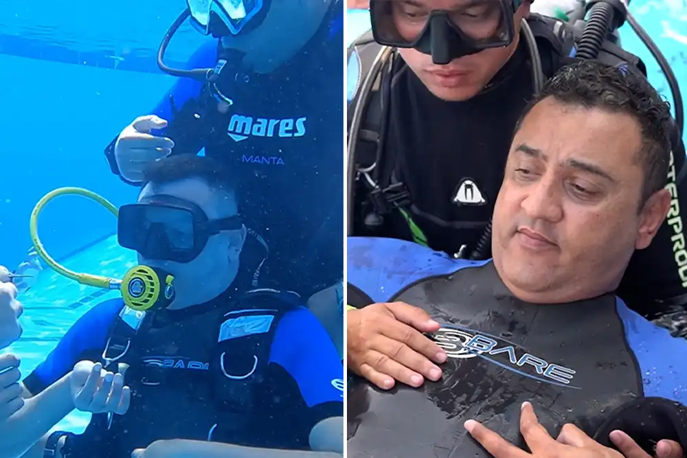 a quadriplegic Egyptian man named Walaa Hafez is photographed scuba diving  underwater in a pool and being assisted out of it by a helper